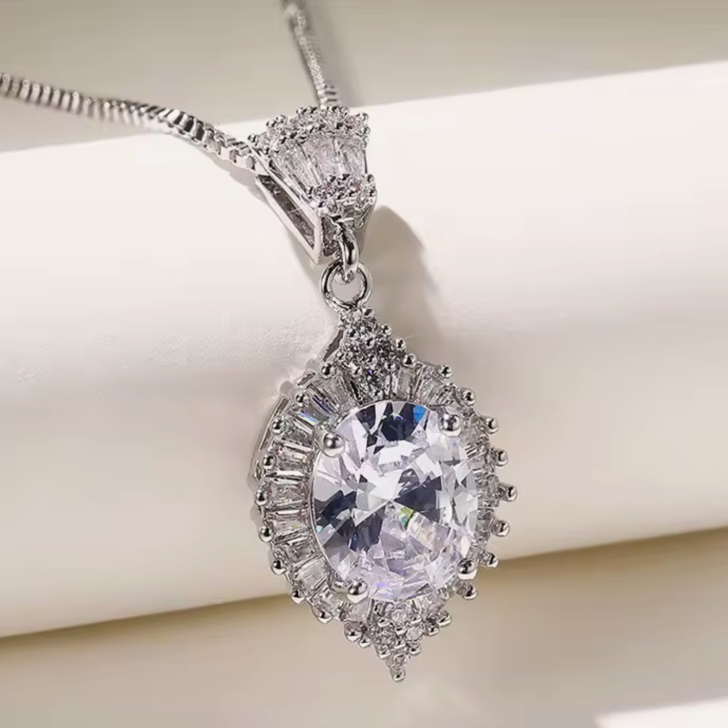 Timeless Oval Cz Diamond Halo Pendant Necklace 49$